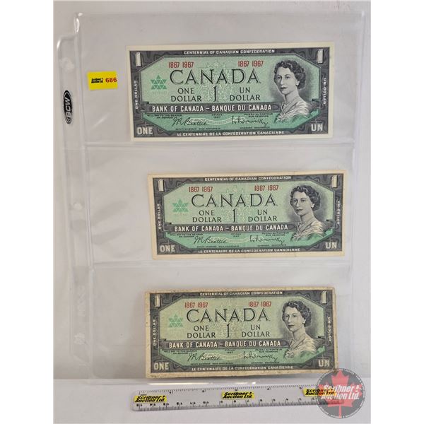 Canada $1 Bills 1967 (3) : Beattie/Rasminsky # 1867 1967 (See Pics for Varieties, Conditions, Serial