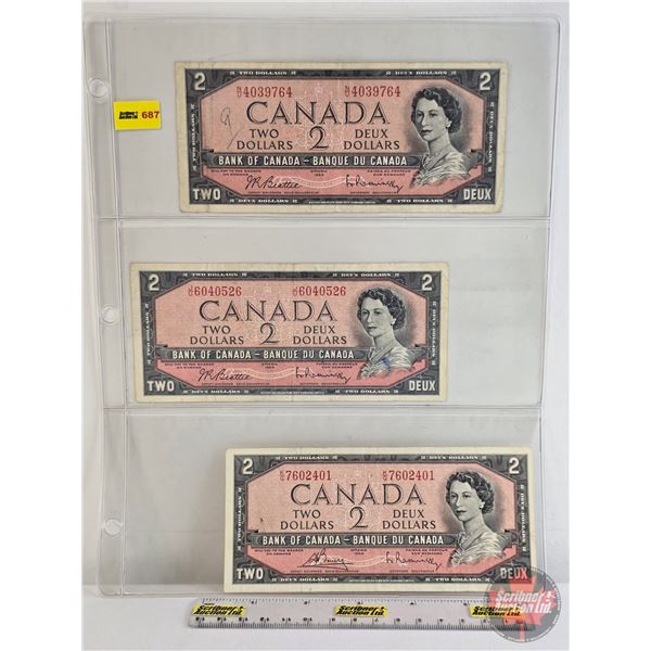 Canada $2 Bills 1954 (3) :  - Beattie/Rasminsky #NU4039764 - Beattie/Rasminsky #JU6040526 - Bouey/Ra