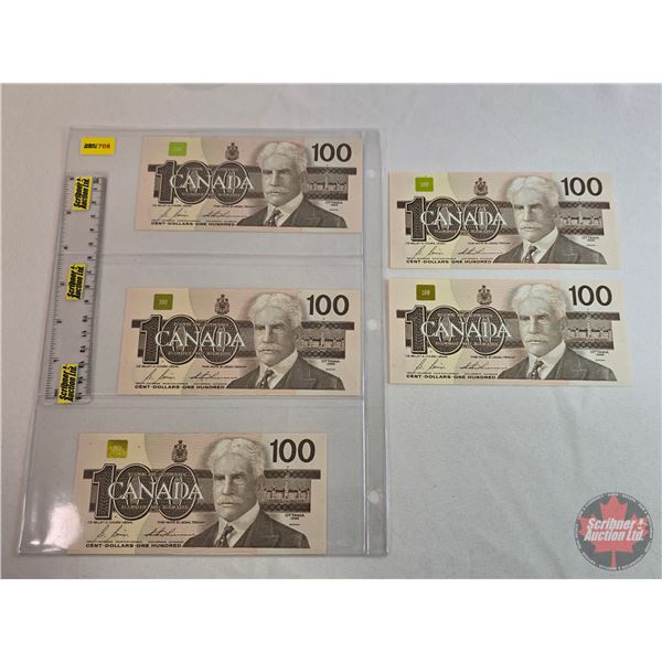 Canada $100 Bills 1988 (5 Consecutive) : Bonin/Thiessen #BJH3866305-6309 (See Pics for Varieties, Co
