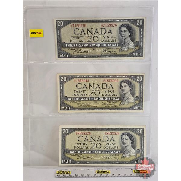 Canada $20 Bills 1954 (3) : - Beattie/Coyne #EE7159976 - Beattie/Rasminsky #ZE1856043 - Beattie/Rasm