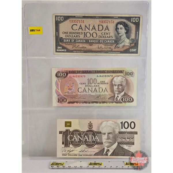 Canada $100 Bills (3): - Beattie/Rasminsky #BJ3357151 - Lawson/Bouey #AJA6333470 - Knight/Thiessen #