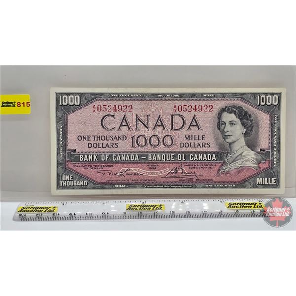 Canada $1000 Bill 1954 : Lawson/Bouey #AK0524922 (See Lot #814 : Close Serial Number) (See Pics for 