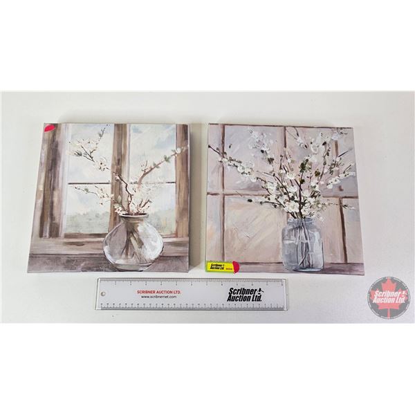 Canvas Framed Prints (2) : Flowers w/Vase in Window Sill  (Paint on Canvas) (Measures : 10-1/4 H x 1