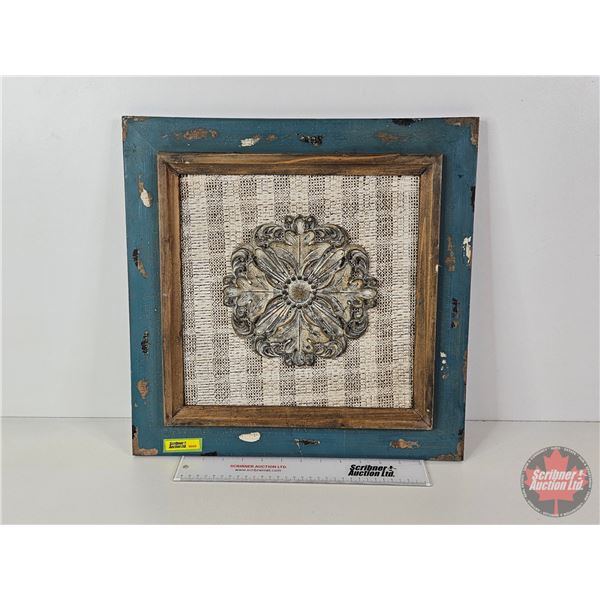 Rustic Framed Wall Décor w/Distressed Teal Frame & Central Medallion Design (Measures : 17 H x 17 W 