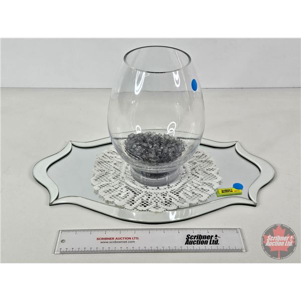 Glass Vase w/Décor Stones, Dollie & Mirror Display  (Vase Measures : 10"H)
