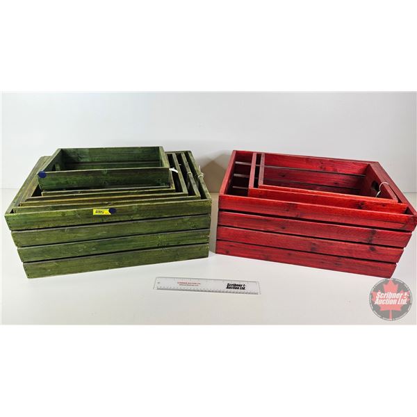 Green & Red Wooden Crates (8 Total)  - Red (3) - Green (5) (Largest Measures : 9-3/4 H x 22 W x 15-1
