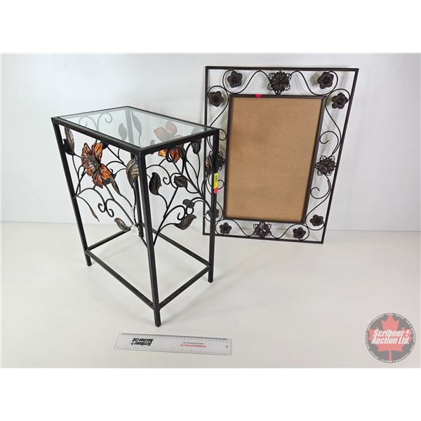 Metal Floral Glass Top Side Table w/Metal Floral Picture Frame (Table Measures : 21-1/4 H x 16 W x 1