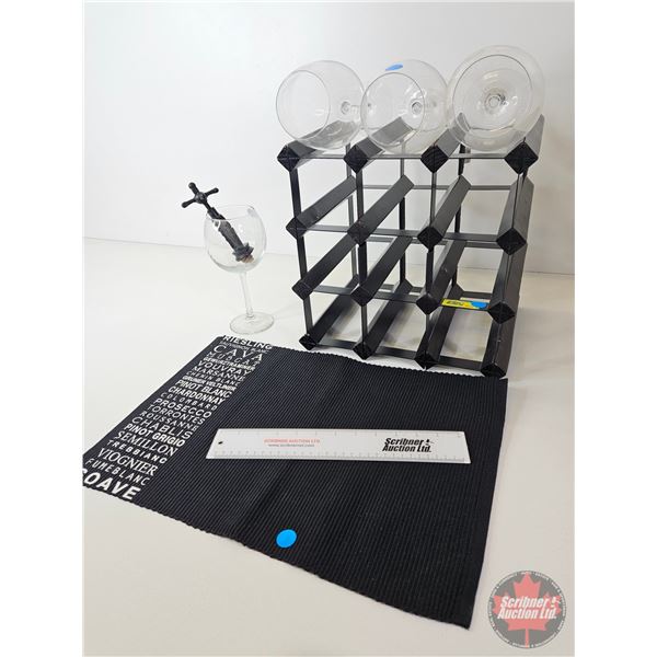 Wine Collector Combo : Black Wooden Wine Rack, Glasses (4), Place Mat & Cork Screw (Rack Measures : 