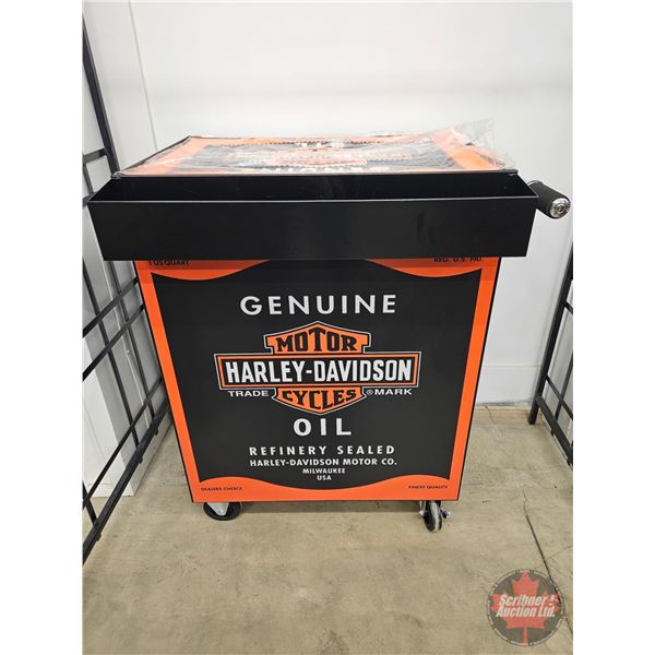 Harley Davidson Rolling Lockable Bar Cart w/Harley Davidson Bar Mat & Removeable Back Tray