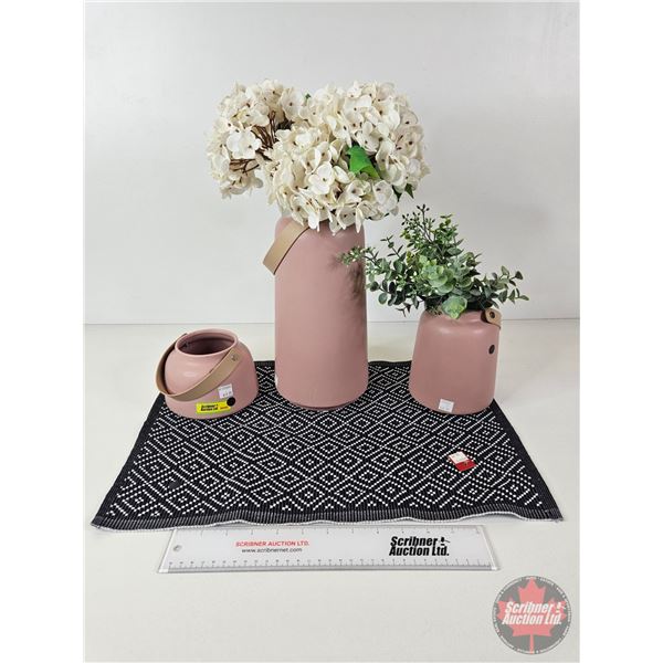 Torre & Tagus Collection Vases (3) w/Faux Flora & Black Place Mat  (Largest Vase Measures : 11 H)