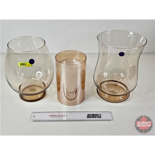 Amber Glass Vases (2) & Flameless Candle  (Largest Vase Measures : 10-1/2"H)