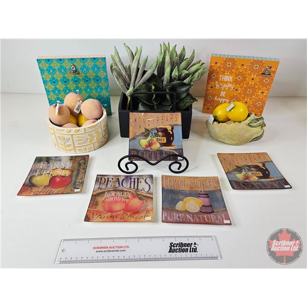 Home Décor Combo : Vases (3), Wall Plaques (2), Decorative Glass Plates (5), Faux Plants & Fruit