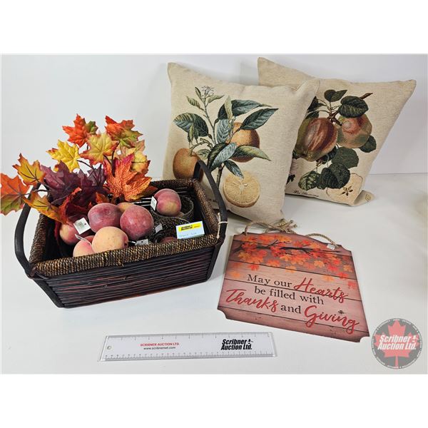 Home Décor Combo : Pillows (2), Metal Sign, Faux Flora & Fruit, Basket (Basket Measures : 8 H x 14-3