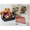 Image 1 : Home Décor Combo : Pillows (2), Metal Sign, Faux Flora & Fruit, Basket (Basket Measures : 8"H x 14-3