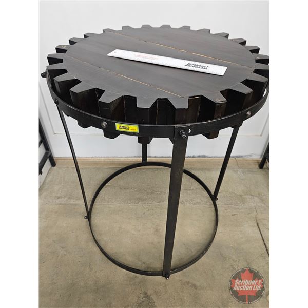 Industrial Style Gear Side Table : Wooden Top/Metal Legs  (Note: Cracks in Wood) (Measures : 30"H x 