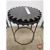 Image 3 : Industrial Style Gear Side Table : Wooden Top/Metal Legs  (Note: Cracks in Wood) (Measures : 30"H x 