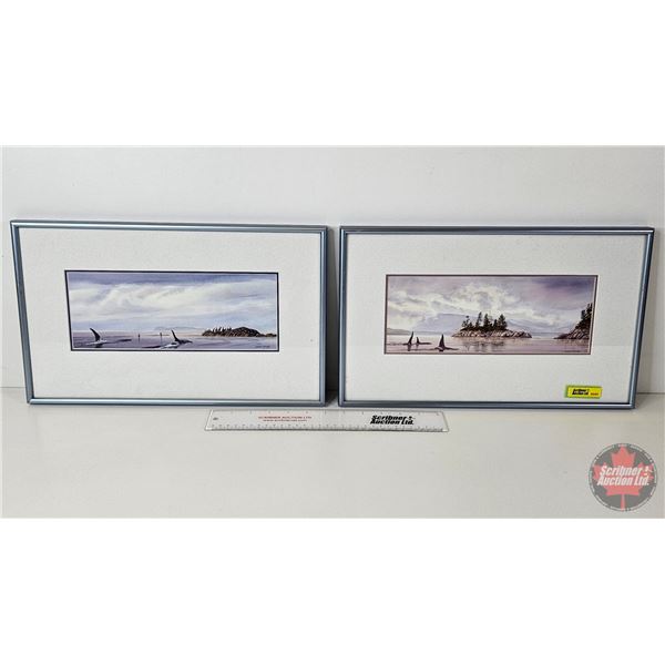 Framed Prints (2): Life is an Island Series by Gordon Henschel : Water Color Orcas  (Measures : 9-3/