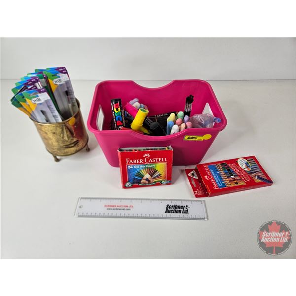 Arts & Crafts Lot : Chalk, Pencil Crayons, Paint Brushes, Wax Crayons, etc. (Bin Measures : 7"H x 13