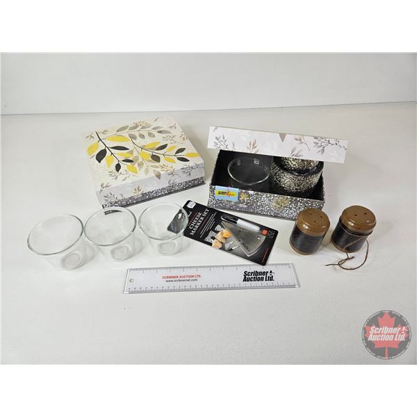 Decor Storage Boxes w/Contents including Ramakins (4), Salt & Pepper Shakers & Mini Vases (Box Measu