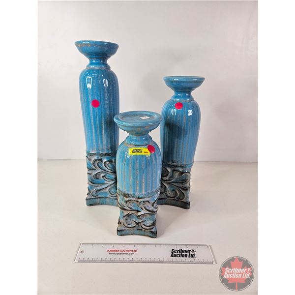 Blue Glazed Ceramic Candle Holders (3) (Tallest Measures : 18"H)