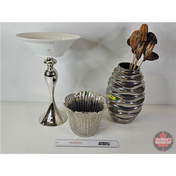 Chrome Finished Trio : Vases (2) & Pedestal Dish (Tallest Measures : 19-1/2"H)
