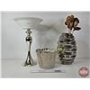 Image 2 : Chrome Finished Trio : Vases (2) & Pedestal Dish (Tallest Measures : 19-1/2"H)