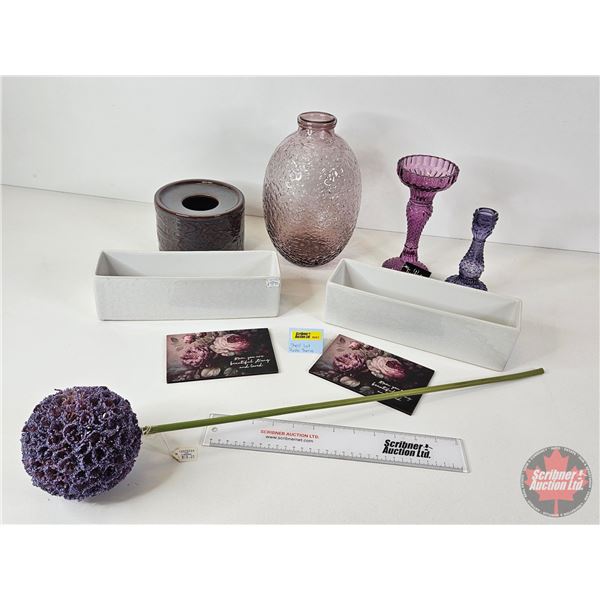 Purple & White Home Décor Collection : Vases (3), Candle Stick Holders (2), Faux Flower, etc. (Talle