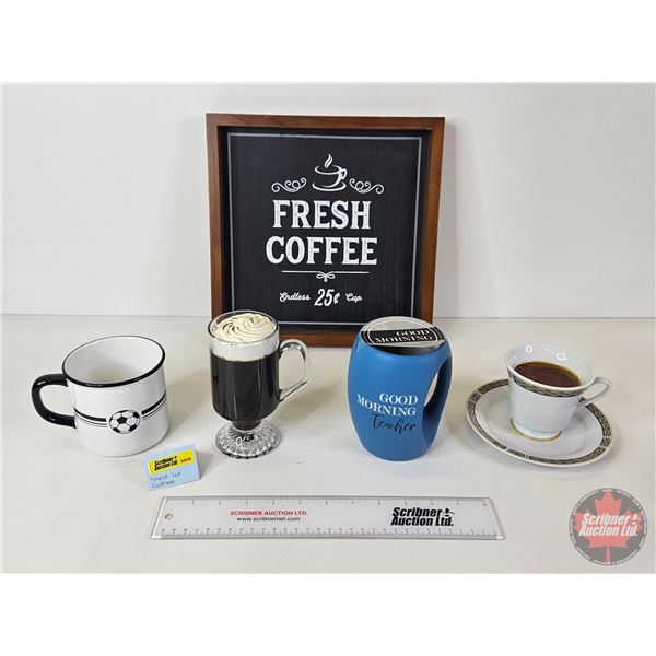 Coffee Décor : Framed Canvas, Coffee Cups (2), Faux Hot Chocolate & Tea  (Note : Tea Cup Repaired) (