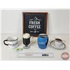 Image 1 : Coffee Décor : Framed Canvas, Coffee Cups (2), Faux Hot Chocolate & Tea  (Note : Tea Cup Repaired) (