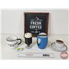Image 9 : Coffee Décor : Framed Canvas, Coffee Cups (2), Faux Hot Chocolate & Tea  (Note : Tea Cup Repaired) (