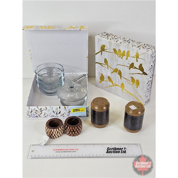 Decor Storage Boxes w/Contents including Ramakins (6), Salt & Pepper Shakers & Napkin Rings (Box Mea