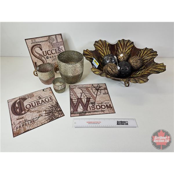 Variety of Home Décor : Signs (3), Vases (3) & Bowl of Décor Balls