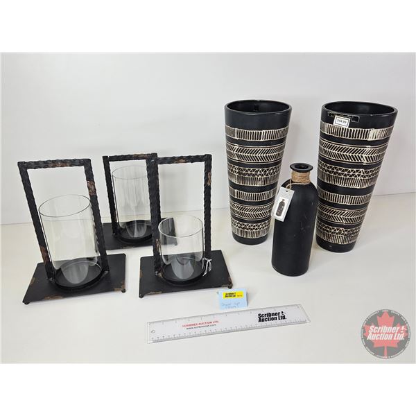 Black Home Décor : Candle Holders (3), Vases (2) & Chalk Bottle  (Vase Measures : 14"H)