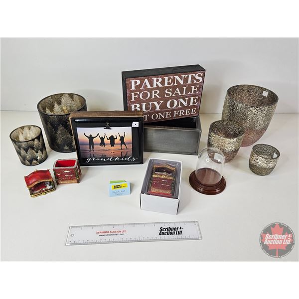 Variety of Home Décor : Wall Plaques (2), Vases, Candle Holders, Princess & The Pea Trinket Boxes (2