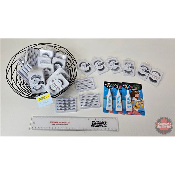 Large Variety of Glue On Lashes (35pcs) & Glue (3) w/Wire Basket