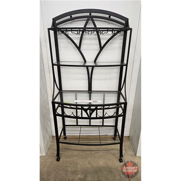 Rolling Metal Wine Rack w/Glass Shelves (Measures : 70"H x 35"W x 17-3/4"D)