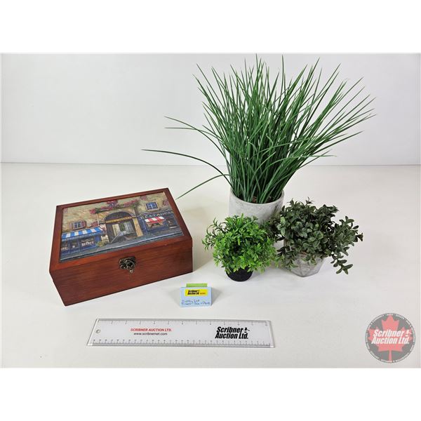 Trinket Box w/Artificial Plants (3) (Box Measures : 4"H x 10"W x 8-1/4"D)