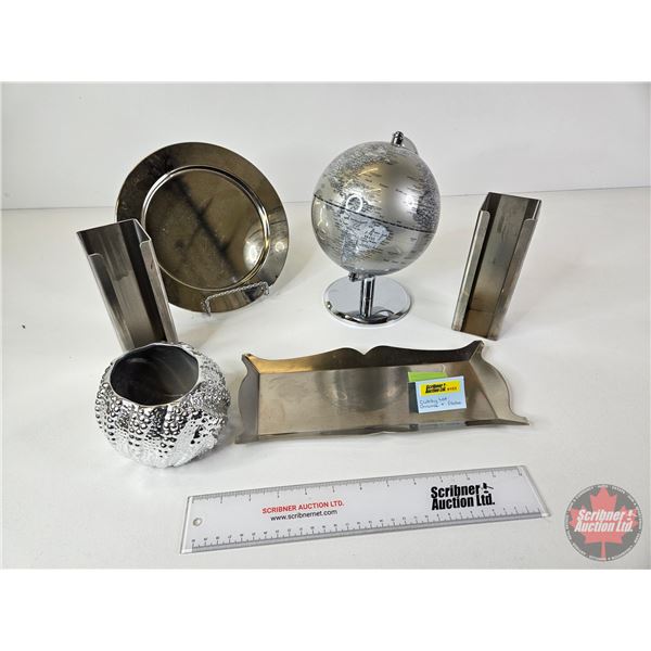 Chrome Themed Décor : Globe, Plates, Cotton Pad Holders & Candle Holder (Globe : 9"H)
