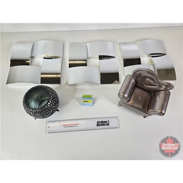 Chrome Themed Décor : Couch, Bowl & Plastic Wall Hangings (Wall Hangings : 10"H x 10"W)