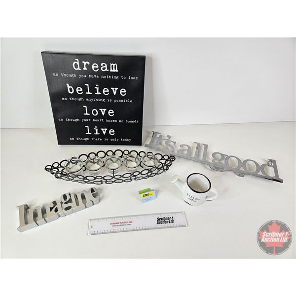 Décor : Candle Holder, Canvas Wall Plaque, Word Art & Ceramic Waterer Dish (Wall Plaque : 14"H x 14"