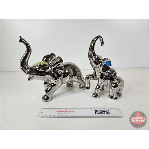 Mirrored Chrome Ceramic Elephant Sculptures (Largest : 11-1/2"H)