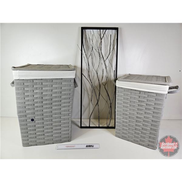 Laundry Bins (2) & Metal Wall Art  (Large Bin Measures : 22"H x 13-1/2"W x 13-1/2"D)