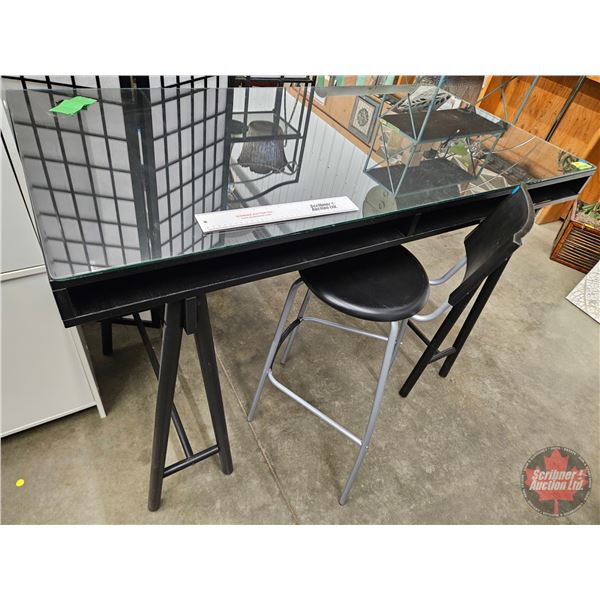 Counter Height Industrial Glass Top Desk c/w Tall Chair (Measures : 39"H x 55"W x 27-1/2"D)