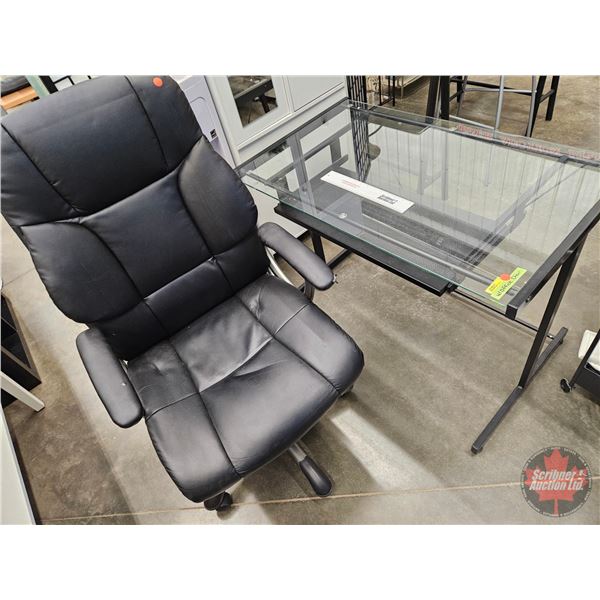 Glass Top Office Desk w/Pull Out Keyboard Tray (Metal Frame) c/w Leather Office Chair  (Desk Measure