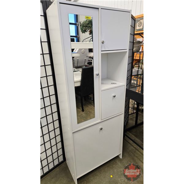 White Lockable Storage Cupboard w/Mirror & Bottom Hopper Drawer  (Measures : 67-1/4"H x 26"W x 13"D)
