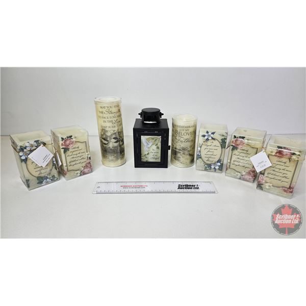 Variety of Memorial Flicker Wick Flameless Candles & Lantern (8 Batt Op Candles & 1 Lantern) (Talles