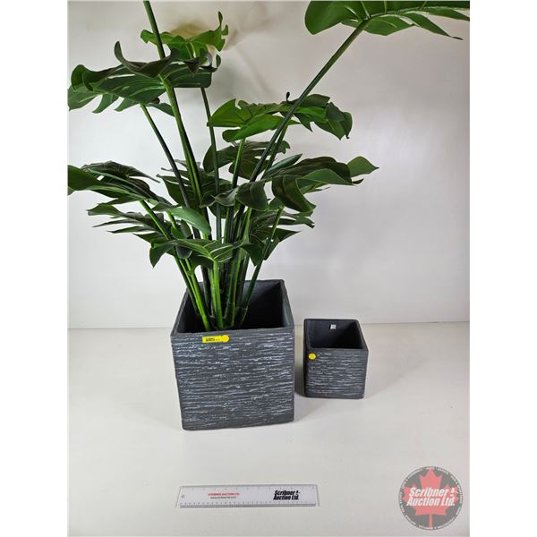 Green Artificial Monstera Plant (potted in a stone look square planter) + Smaller Matching Square Pl