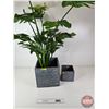 Image 1 : Green Artificial Monstera Plant (potted in a stone look square planter) + Smaller Matching Square Pl