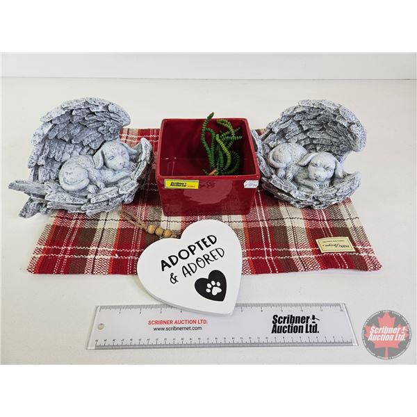 Combo: Adopted & Adored Heart Wall Hanging; 2 Puppies in Angle Wings; Place Mat & Square Plant Pot