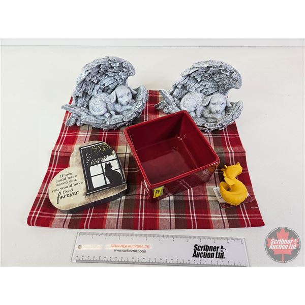 Combo: Pet Memorial Heart ; 2 Puppies in Angle Wings; Place Mat & Square Plant Pot & Bathtub Toy